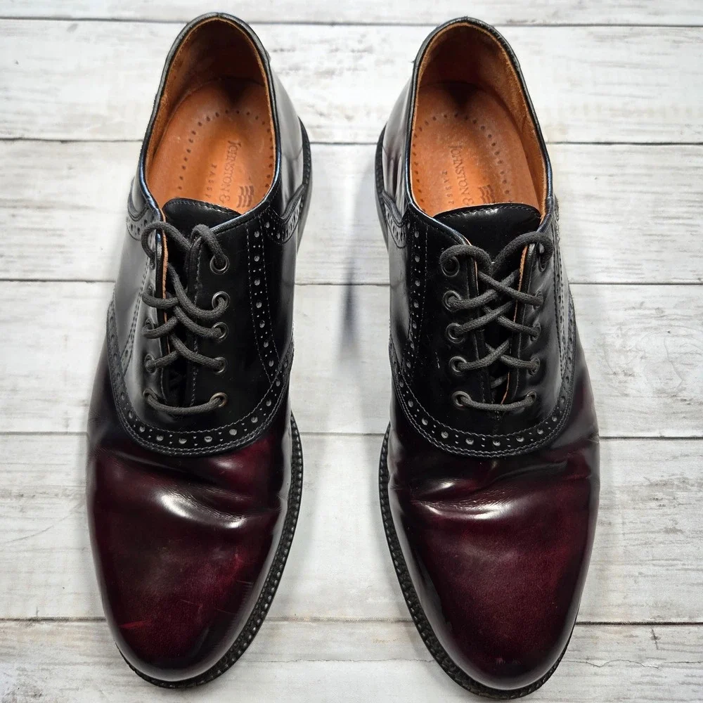 Johnston & Murphy Passport Saddle Oxford Mens 10M Black Burgundy Leather Italy